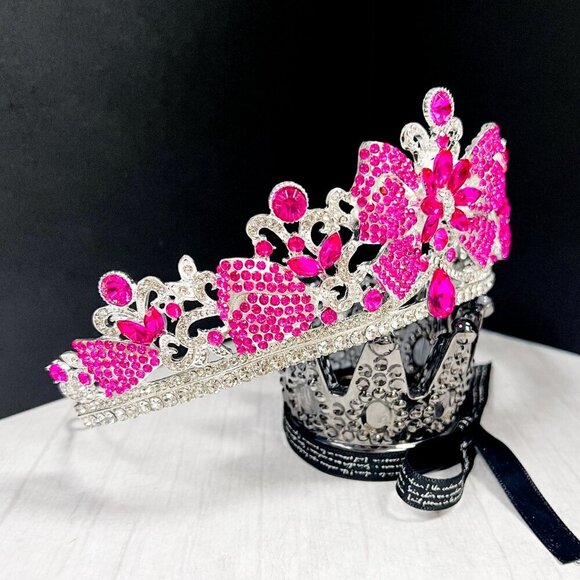 Gold Crystal Crown, Princess Tiara, Hot Pink Gemstone Crown, Quinceanera Crown - Picture 4 of 10